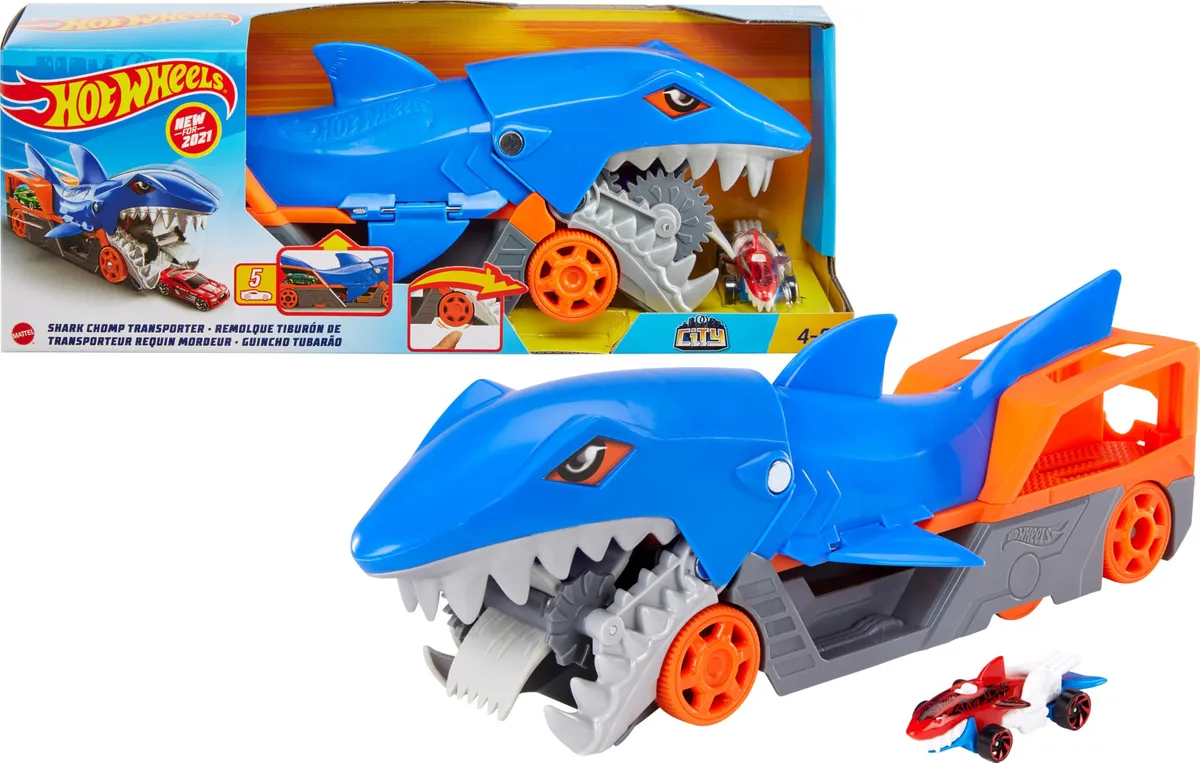 Hot Wheels Shark Chomp Transporter & Includes 1:64 Vehicle