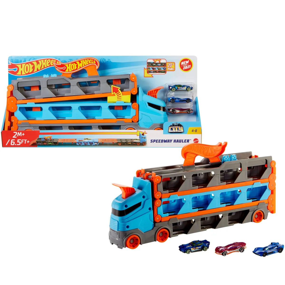 Hot Wheels Speedway Hauler & 3 1:64 Scale Toy Cars